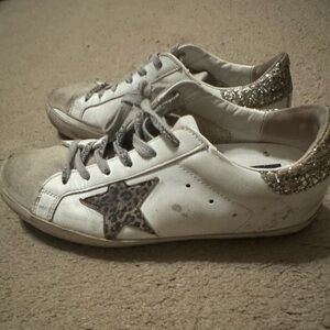 Golden Goose White and Leopard Star Sneakers